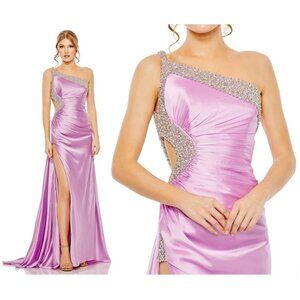 MAC DUGGAL Ruched One Shoulder Side Cutout Embellished Satin Gown in Lilac US 10